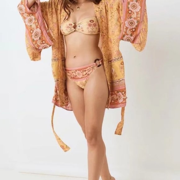 boho floral print mustard cut out sleeve kimono - Picture 7 of 9